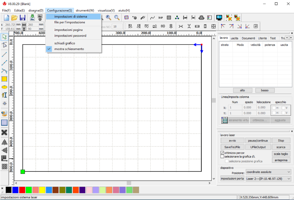 taglio laser impostazioni sistema