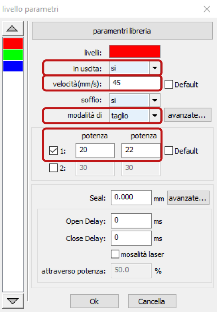 taglio laser livello parametri