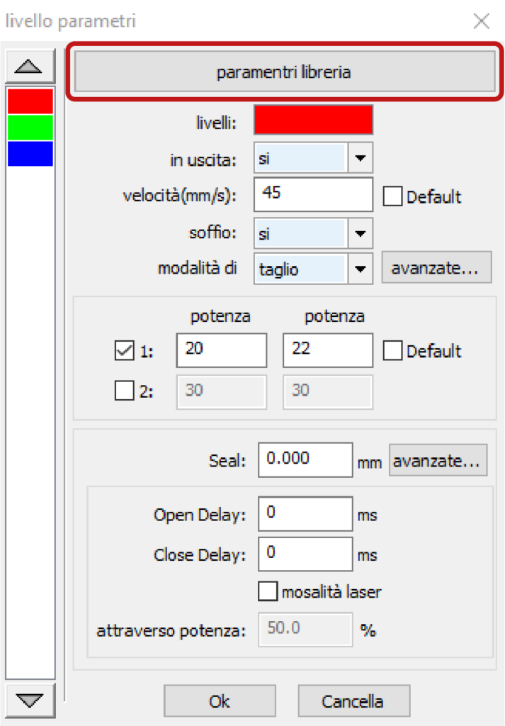 taglio laser parametri libreria