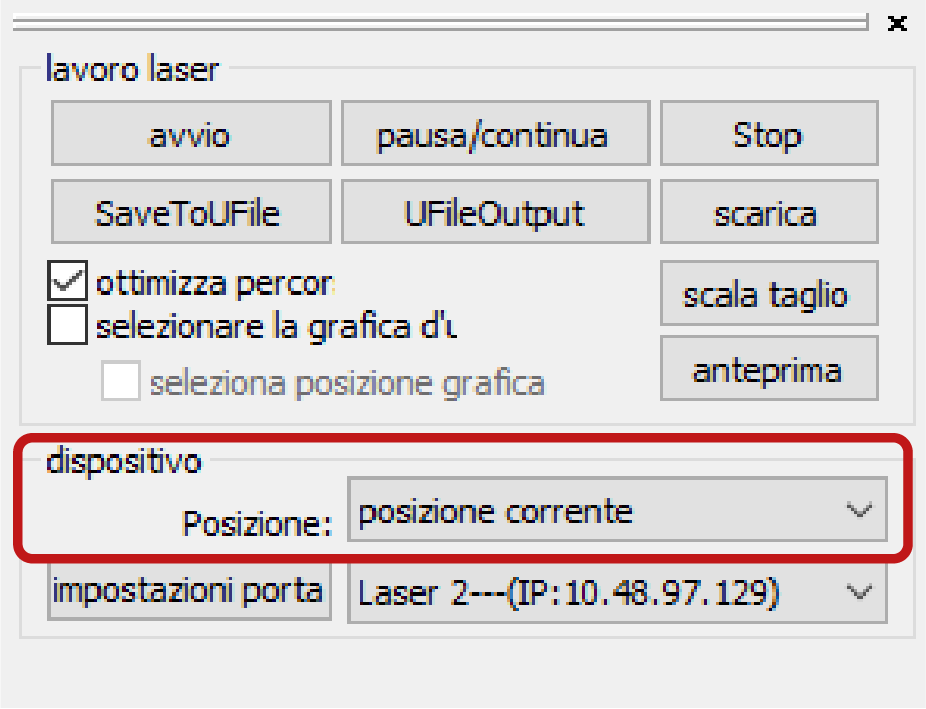 taglio laser posizione corrente