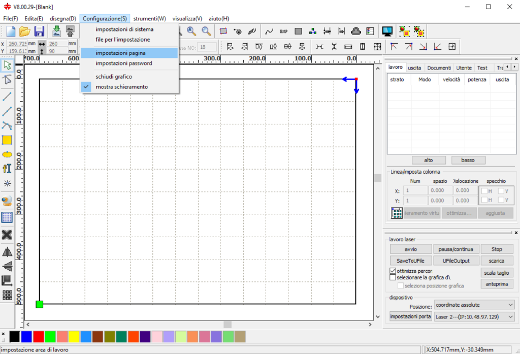 taglio laser impostazioni pagina