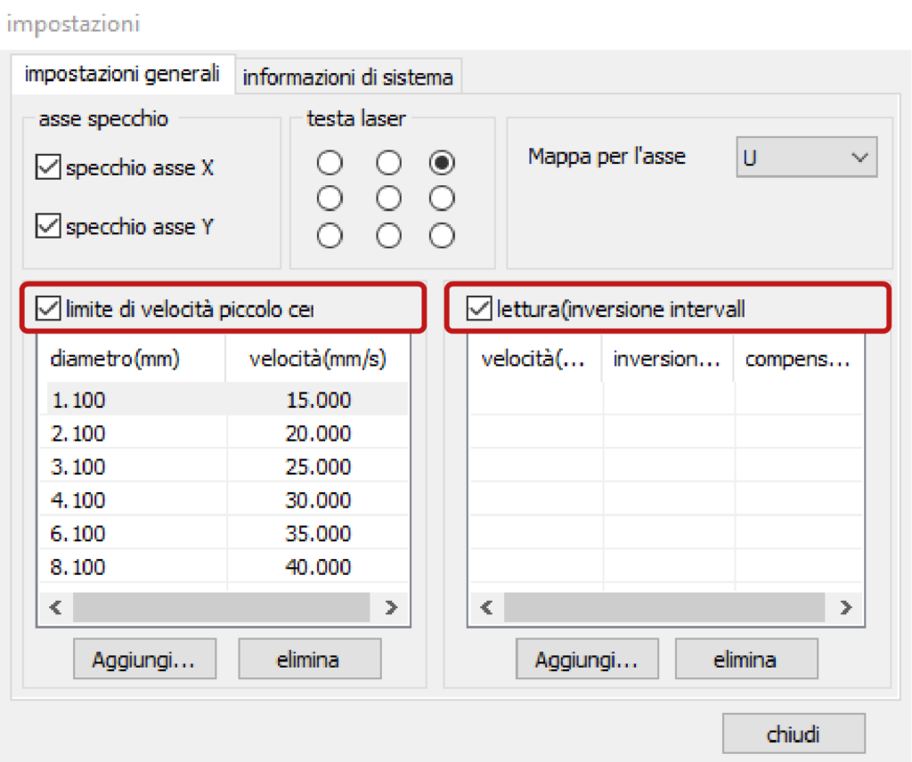 aglio laser impostazioni generali